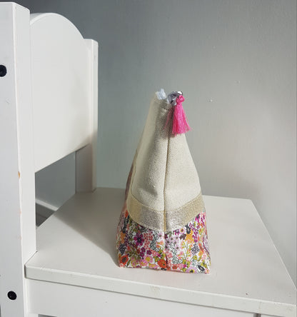 Grande pochette / trousse beige scintillant et liberty orange