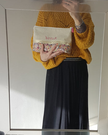 Grande pochette / trousse beige scintillant et liberty orange