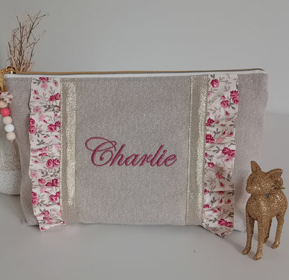 Grande pochette / trousse à volants beige scintillant et liberty vieux rose