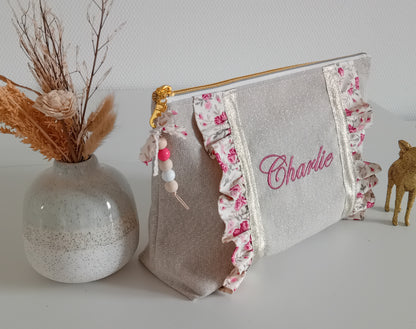 Grande pochette / trousse à volants beige scintillant et liberty vieux rose