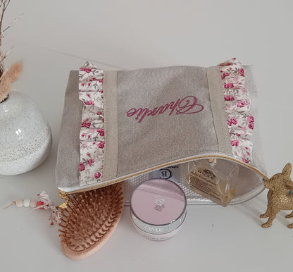 Grande pochette / trousse à volants beige scintillant et liberty vieux rose