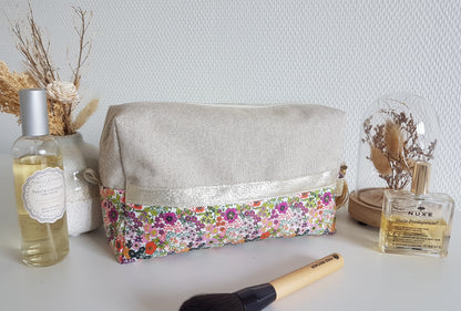 Trousse de toilette beige scintillant et liberty orange