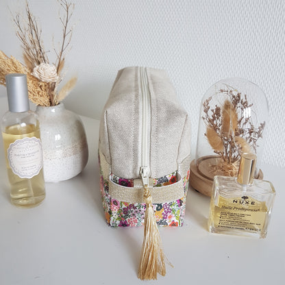 Trousse de toilette beige scintillant et liberty orange