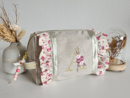Trousse de toilette à volants, beige scintillant et liberty