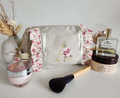 Trousse de toilette à volants, beige scintillant et liberty