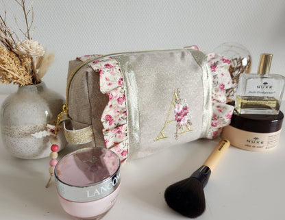 Trousse de toilette à volants, beige scintillant et liberty
