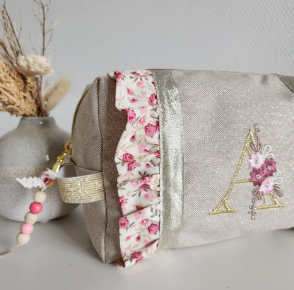 Trousse de toilette à volants, beige scintillant et liberty
