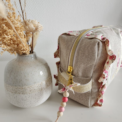 Trousse de toilette à volants, beige scintillant et liberty