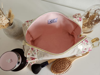 Trousse de toilette à volants, beige scintillant et liberty