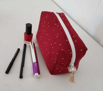 Trousse à maquillage double gaze de coton à pois dorés (broderie prénom)