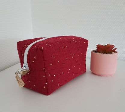 Trousse à maquillage double gaze de coton à pois dorés (broderie prénom)