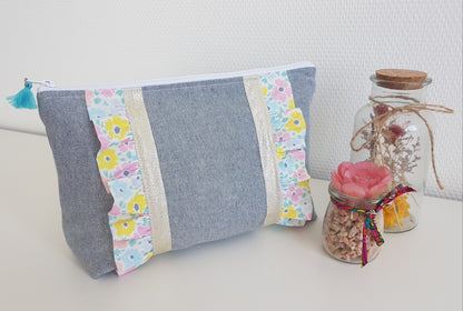 Grande pochette / trousse jean et volants liberty pastels