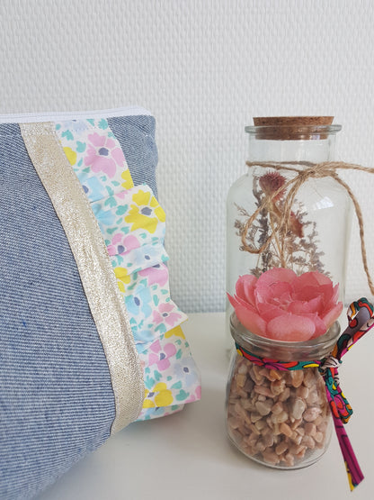 Grande pochette / trousse jean et volants liberty pastels