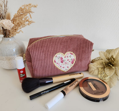 Trousse à maquillage en velours côtelé et motif brodé