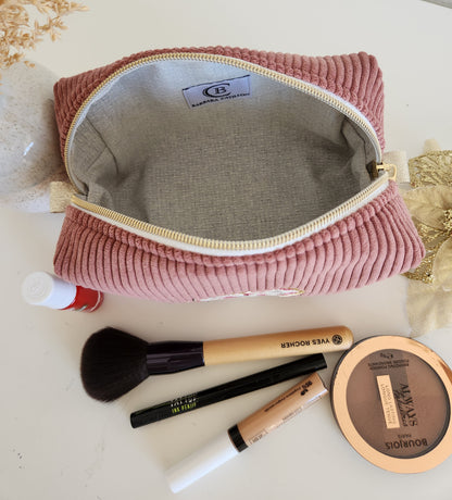 Trousse à maquillage en velours côtelé et motif brodé