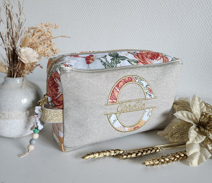 Trousse de toilette beige scintillant et fleurs d'automne