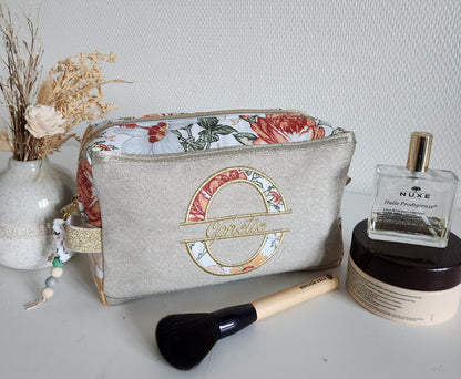 Trousse de toilette beige scintillant et fleurs d'automne