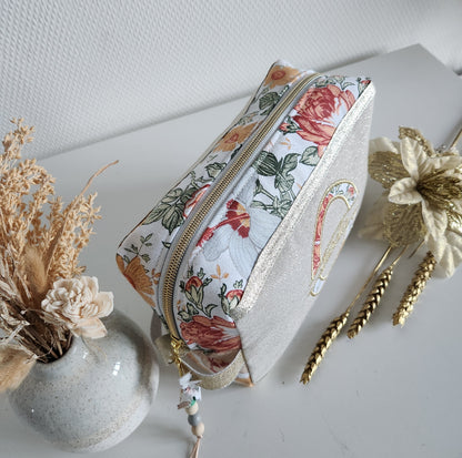 Trousse de toilette beige scintillant et fleurs d'automne