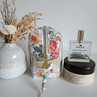 Trousse de toilette beige scintillant et fleurs d'automne