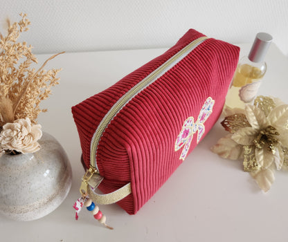 EN STOCK : Trousse de toilette noeud en velours côtelé fushia