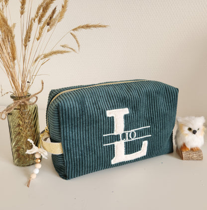 Trousse de toilette en velours côtelé et moumoute écrue