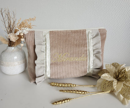 Grande pochette / trousse beige scintillant et velours côtelé beige