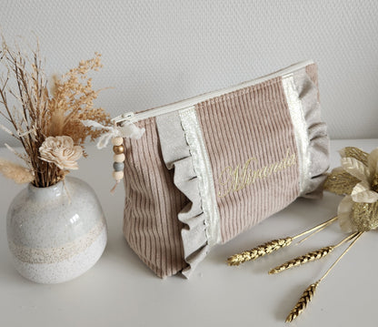 Grande pochette / trousse beige scintillant et velours côtelé beige