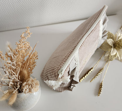 Grande pochette / trousse beige scintillant et velours côtelé beige