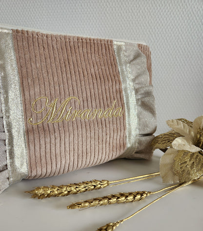 Grande pochette / trousse beige scintillant et velours côtelé beige