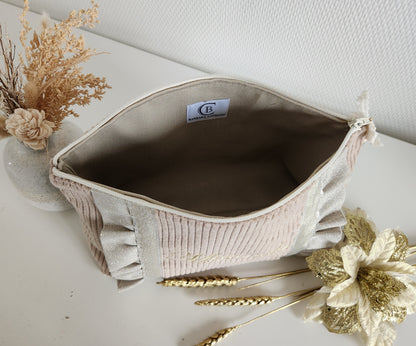 Grande pochette / trousse beige scintillant et velours côtelé beige