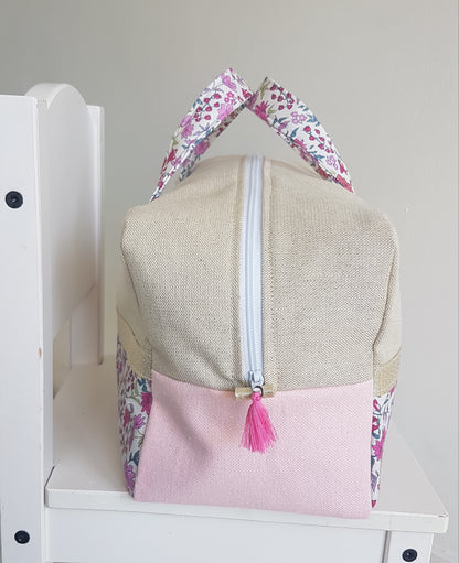 Valisette beige scintillant et liberty rose