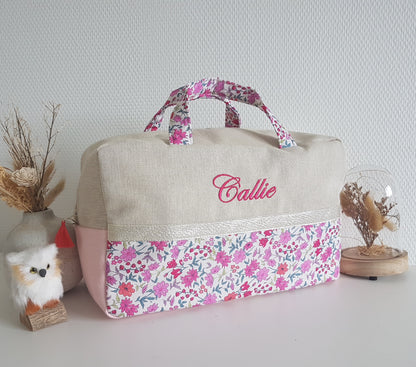 Valisette beige scintillant et liberty rose