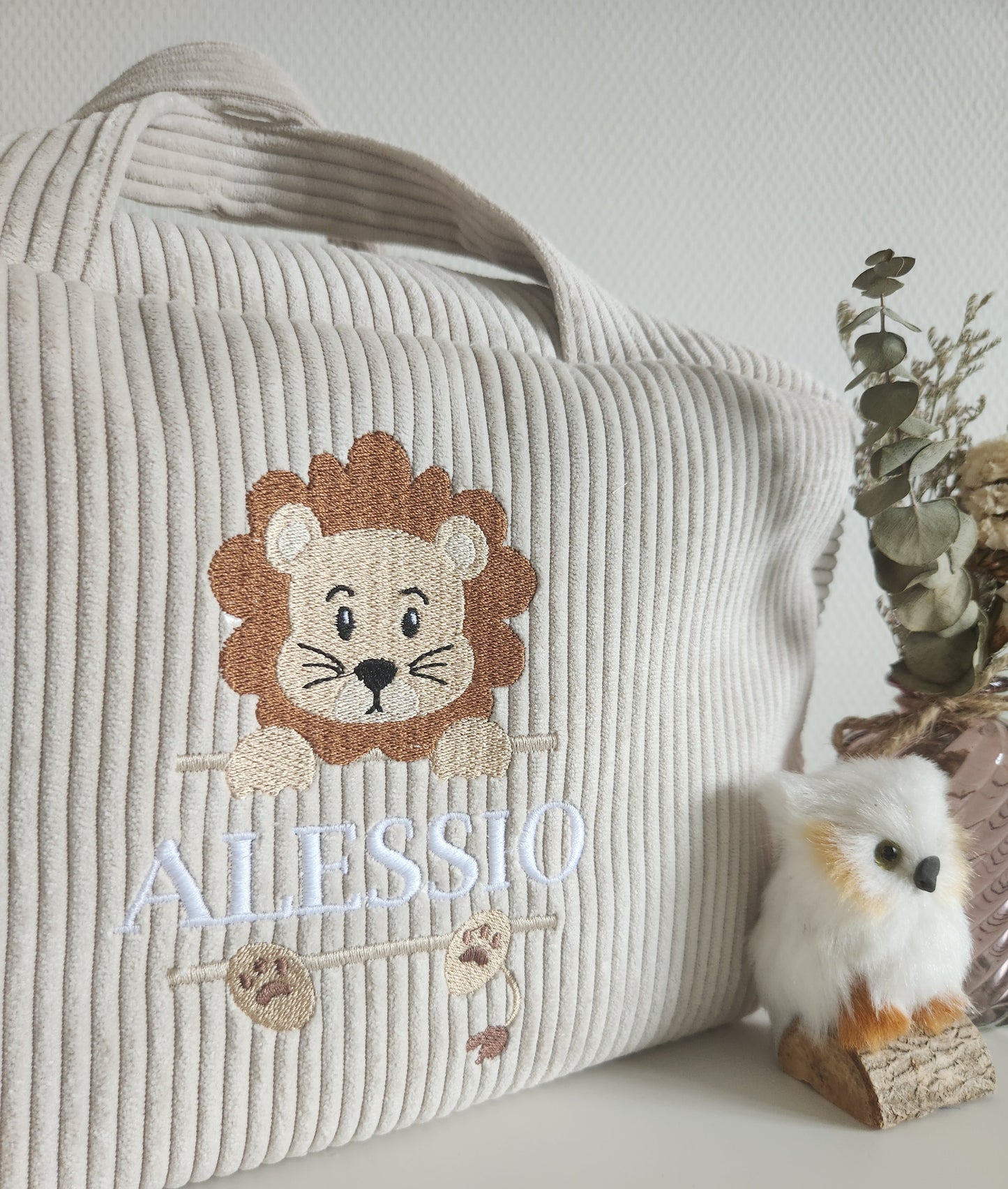 Valisette en velours côtelé sable et broderie lion