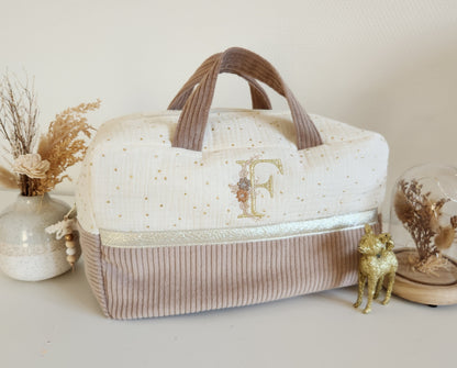 Valisette gaze de coton écrue et velours côtelé beige