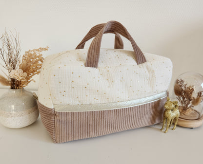 Valisette gaze de coton écrue et velours côtelé beige