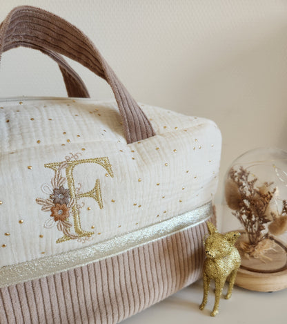 Valisette gaze de coton écrue et velours côtelé beige