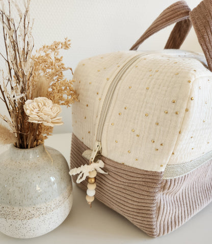 Valisette gaze de coton écrue et velours côtelé beige