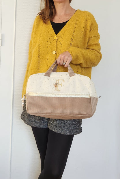 Valisette gaze de coton écrue et velours côtelé beige