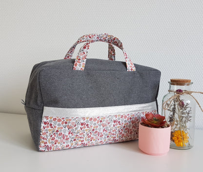 Valisette bicolore grise et liberty bordeaux