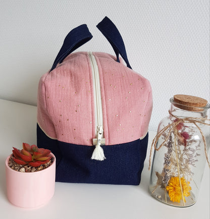 Valisette bicolore gaze de coton et jean denim