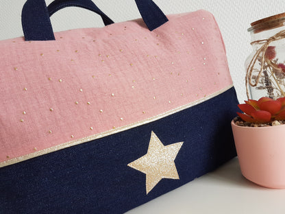 Valisette bicolore gaze de coton et jean denim