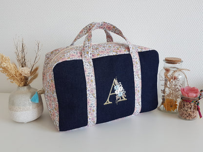 EN STOCK Valisette jean et fleurs roses, initiale fleurie