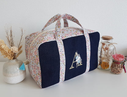 EN STOCK Valisette jean et fleurs roses, initiale fleurie