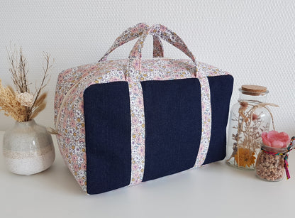 EN STOCK Valisette jean et fleurs roses, initiale fleurie