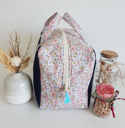 EN STOCK Valisette jean et fleurs roses, initiale fleurie