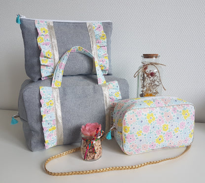 Valisette jean et volants liberty pastels