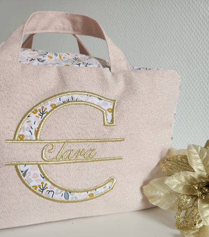 Valisette rose pâle scintillant et liberty, broderie majuscule et prénom