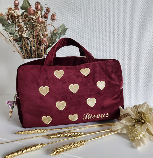 Valisette "Bisous" en velours et coeurs dorés brodés