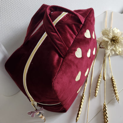 EN STOCK : Valisette "Bisous" en velours et coeurs dorés brodés