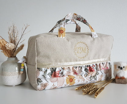 Valisette coton beige scintillant et grosses fleurs retro